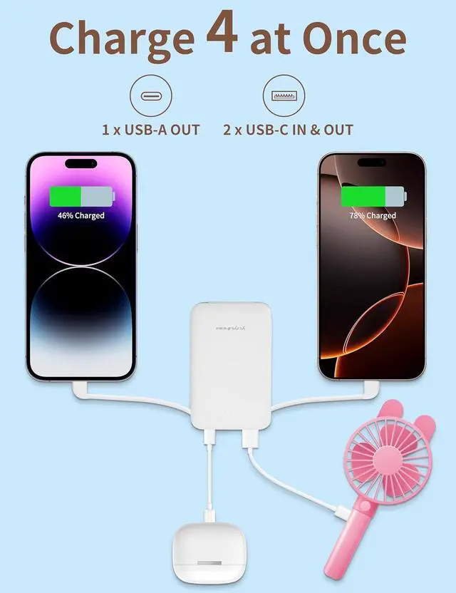 Alt view image 4 of 7 - Power Bank, Slimmest 5000mAh Portable Charger with Built in USB-C Cables, USB C in&Out Charging Battery Pack, External Phone Powerbank Compatible with iPhone, Android, White