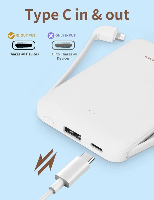 Alt view image 7 of 7 - Power Bank, Slimmest 5000mAh Portable Charger with Built in USB-C Cables, USB C in&Out Charging Battery Pack, External Phone Powerbank Compatible with iPhone, Android, White