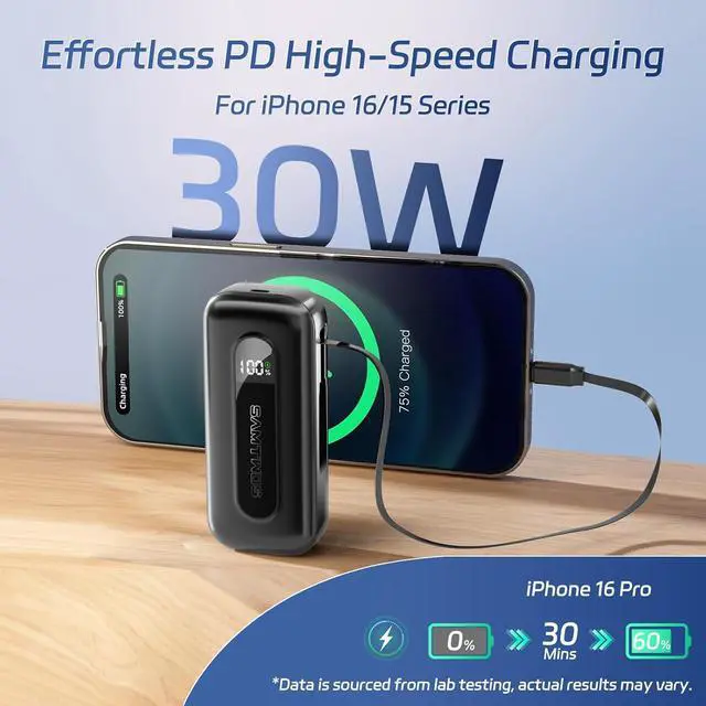 Alt view image 2 of 7 - SAMTWOS Portable Charger 10000mAh,PD 30W Fast Charging Power Bank Built-in 1.9ft Retractable USB-C Cable for Travel,2 Output Battery Pack for iPhone 16/15 Series, Galaxy, iPad, and More (Black)