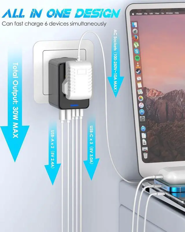 Alt view image 2 of 7 - Universal Travel Adapter, 6.0A 30W International Power Adapter, 5 USB C/A Ports + AC Outlets for All USB Devices, Type I C G A Plugs 110V 220V A/C, European Travel Plug Adapter for 200+ Countries