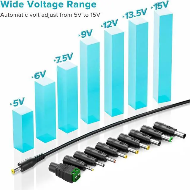 Alt view image 4 of 7 - POWSEED Universal AC Adapter 45W 5V 6V 7.5V 9V 12V 13.5V 15V DC Power Supply 1A 2A 3A for Household Electronics Routers CCTV IP Cameras Speaker LED Strips, 5FT Charger Cord
