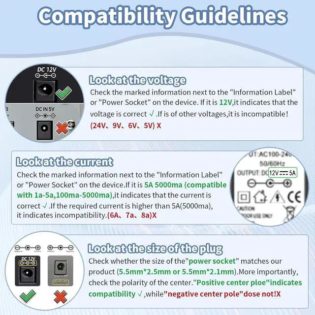 Alt view image 3 of 7 - 12V 5A Power Supply AC DC Adapter Converter 100-240V to 12 Volt 5 Amp Transformer 5.5x2.1mm Plug for LED Strip Light DVR NVR Security Cameras System CCTV Accessories