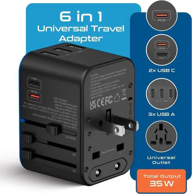 Alt view image 2 of 7 - Ceptics Universal Travel Adapter, 35W International Power Adapter with PD & QC 3.0 Dual USB-C, 3 USB Travel Adapter Worldwide, Type I C G A Outlets 110V 220V A/C - EU Euro US UK (11-KU)