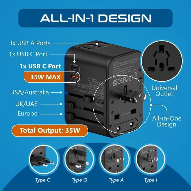 Alt view image 3 of 7 - Ceptics Universal Travel Adapter, 35W International Power Adapter with PD & QC 3.0 Dual USB-C, 3 USB Travel Adapter Worldwide, Type I C G A Outlets 110V 220V A/C - EU Euro US UK (11-KU)