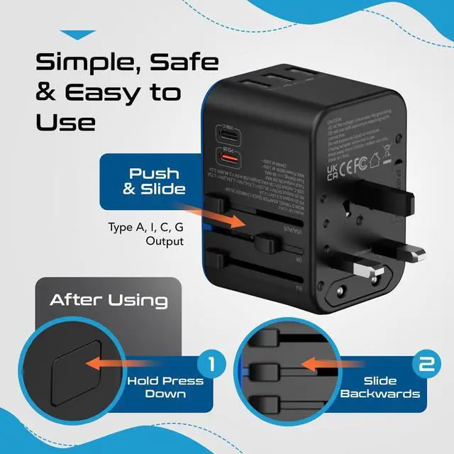 Alt view image 5 of 7 - Ceptics Universal Travel Adapter, 35W International Power Adapter with PD & QC 3.0 Dual USB-C, 3 USB Travel Adapter Worldwide, Type I C G A Outlets 110V 220V A/C - EU Euro US UK (11-KU)