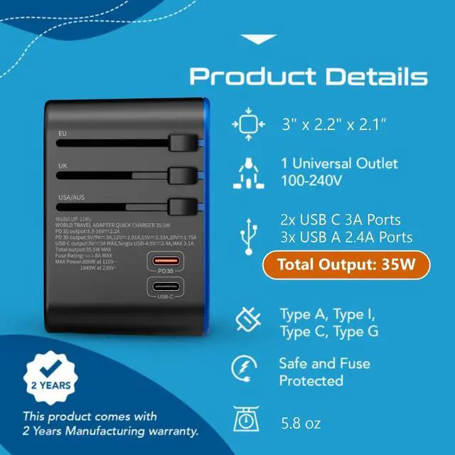 Alt view image 6 of 7 - Ceptics Universal Travel Adapter, 35W International Power Adapter with PD & QC 3.0 Dual USB-C, 3 USB Travel Adapter Worldwide, Type I C G A Outlets 110V 220V A/C - EU Euro US UK (11-KU)