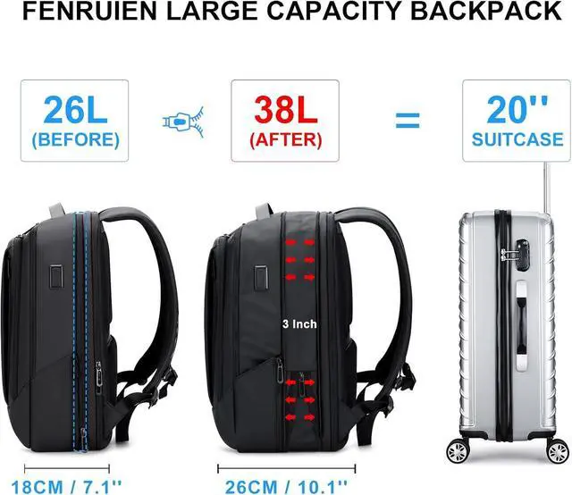 Alt view image 2 of 7 - FENRUIEN Business Travel Backpack for Men, Expandable Water Resistant Computer Backpack with USB Port, Black Laptop Backpack 15.6 Inch for College/Work