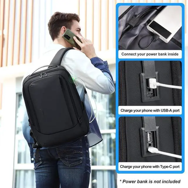 Alt view image 3 of 7 - FENRUIEN Business Travel Backpack for Men, Expandable Water Resistant Computer Backpack with USB Port, Black Laptop Backpack 15.6 Inch for College/Work