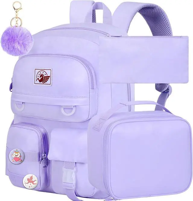 Main image of WZLVO 3PCS Laptop Backpack for Girls Women, 15.6" Cute Aesthetic Computer Water Resistant Anti Theft College School Bookbag with Lunch Box for Teens Students - Purple