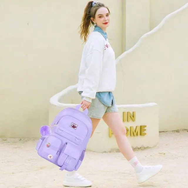 Alt view image 7 of 7 - WZLVO 3PCS Laptop Backpack for Girls Women, 15.6" Cute Aesthetic Computer Water Resistant Anti Theft College School Bookbag with Lunch Box for Teens Students - Purple