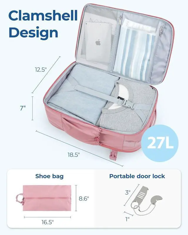Alt view image 4 of 6 - BAGSMART Carry On Backpack, 17.3 Inch Large Travel backpack Carry On Flight Approved, Personal Item Backpack Travel Bag With Shoe Bag, 27L Water Resistant Casual Daypack, Pink