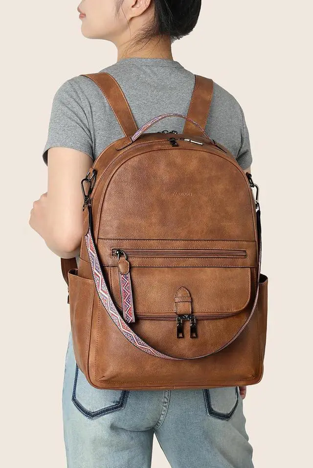 Alt view image 2 of 7 - FADEON 15.6 inch Leather Laptop Backpack Purse for Women, Designer Travel PU Backpack with Laptop Compartment for Work Brown