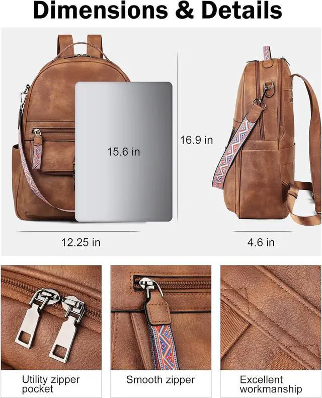 Alt view image 4 of 7 - FADEON 15.6 inch Leather Laptop Backpack Purse for Women, Designer Travel PU Backpack with Laptop Compartment for Work Brown