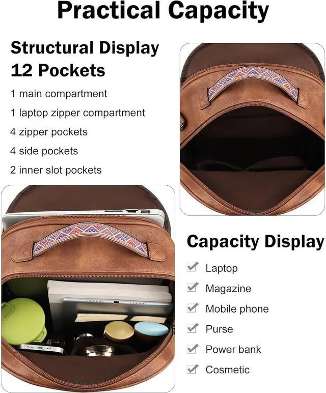 Alt view image 5 of 7 - FADEON 15.6 inch Leather Laptop Backpack Purse for Women, Designer Travel PU Backpack with Laptop Compartment for Work Brown