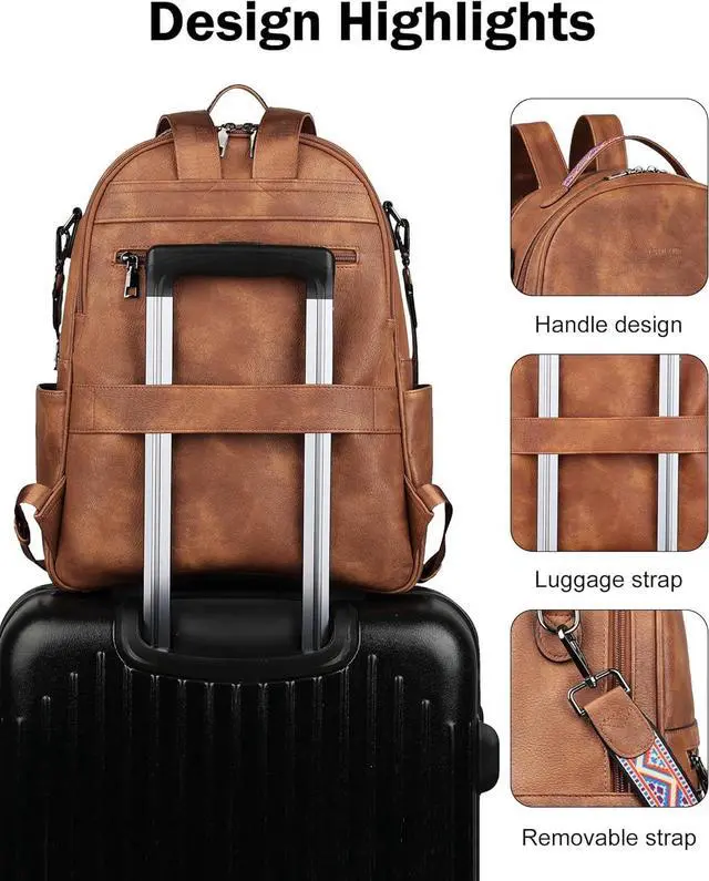 Alt view image 6 of 7 - FADEON 15.6 inch Leather Laptop Backpack Purse for Women, Designer Travel PU Backpack with Laptop Compartment for Work Brown