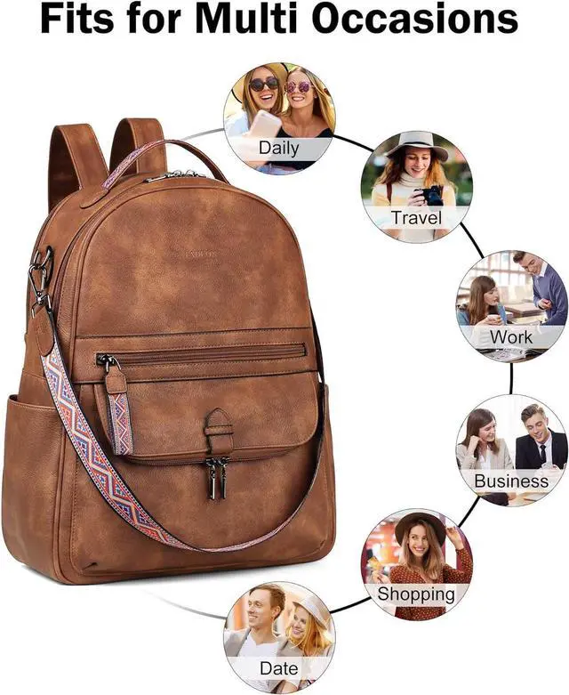 Alt view image 7 of 7 - FADEON 15.6 inch Leather Laptop Backpack Purse for Women, Designer Travel PU Backpack with Laptop Compartment for Work Brown