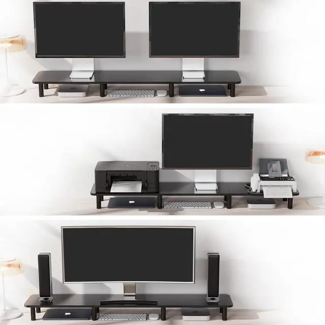 Alt view image 3 of 7 - 43.7" Extra Long Dual Monitor Stand Riser, Wood & Steel Monitor Stand for 2 Monitors, Wide TV Stand, Desktop Riser for Desk Organization, Home OfficeLaptop,Printer,TV (Black)