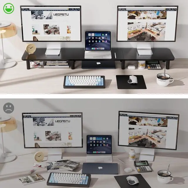 Alt view image 4 of 7 - 43.7" Extra Long Dual Monitor Stand Riser, Wood & Steel Monitor Stand for 2 Monitors, Wide TV Stand, Desktop Riser for Desk Organization, Home OfficeLaptop,Printer,TV (Black)