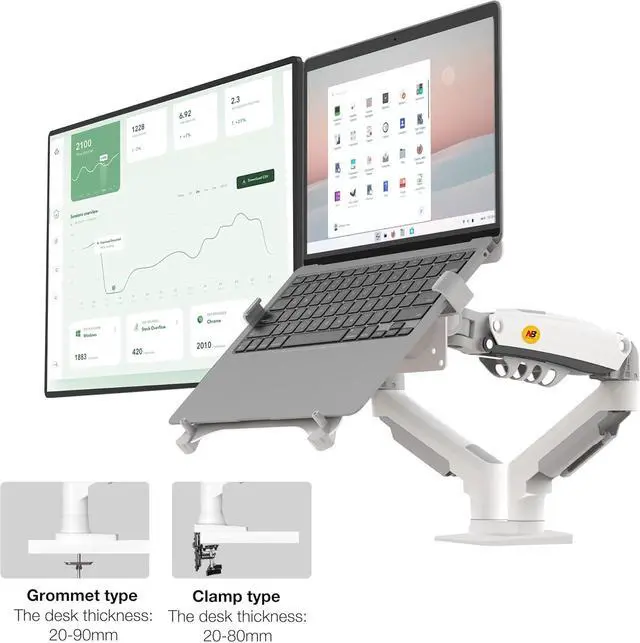 Alt view image 4 of 6 - Laptop Mount with Adjustable Tray for 10-17Notebook, Full Motion Arm with VESA Plate for 17-30Monitor,Clamp-on Grommet Mounting F160-FP (White)