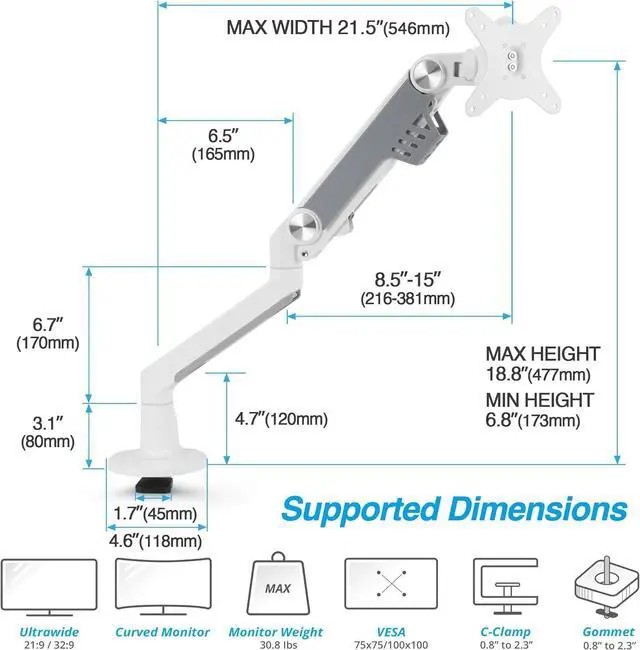 Alt view image 2 of 7 - AVLT Single 13"-38" Monitor Arm Desk Mount - White | fits One Flat/Curved/Ultrawide Screen Full Motion Height Swivel Tilt Rotation Adjustable Arm - VESA/C-Clamp/Cable Management