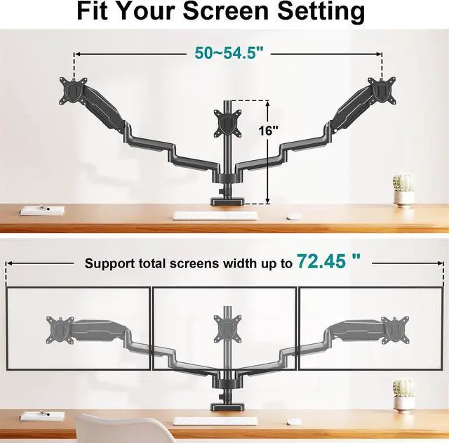 Alt view image 4 of 7 - MOUNT PRO Triple Monitor Mount for 13-27 inch Screens, 3 Monitor Desk Mount, Height Adjustable Triple Display Stand, Full Motion Three Computer Arm Hold up to 17.6lbs Each, VESA 75x75, 100x100
