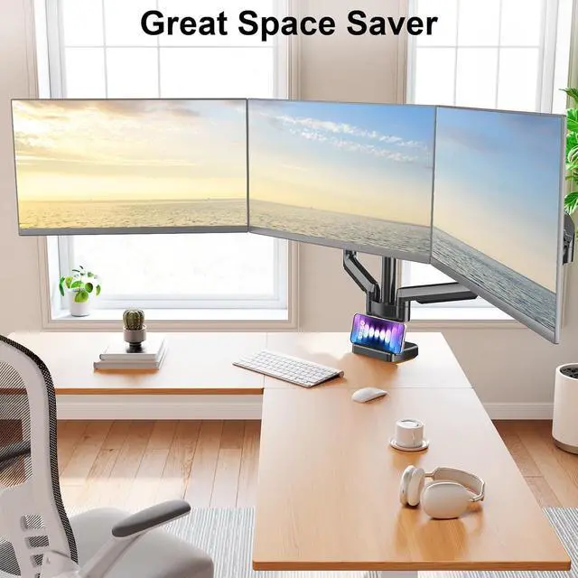 Alt view image 6 of 7 - MOUNT PRO Triple Monitor Mount for 13-27 inch Screens, 3 Monitor Desk Mount, Height Adjustable Triple Display Stand, Full Motion Three Computer Arm Hold up to 17.6lbs Each, VESA 75x75, 100x100