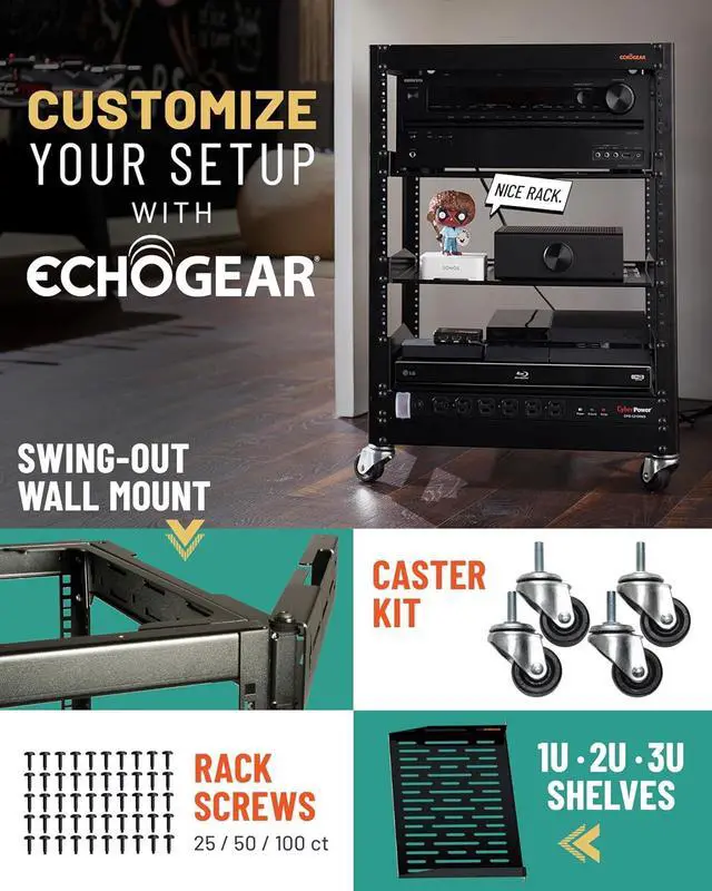Alt view image 7 of 7 - ECHOGEAR 15U Open Frame Rack for Servers & AV Gear - Wall Mountable Design Includes 2X Vented Shelves, 25x Rack Mounting Screws, 4X Leveling Feet, 4X Shelf Stops, & 2X Securement Straps