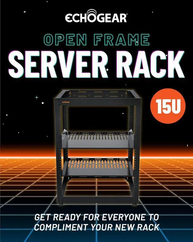 Alt view image 2 of 7 - ECHOGEAR 15U Open Frame Rack for Servers & AV Gear - Wall Mountable Design Includes 2X Vented Shelves, 25x Rack Mounting Screws, 4X Leveling Feet, 4X Shelf Stops, & 2X Securement Straps
