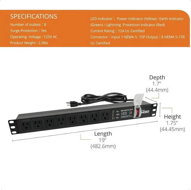 Alt view image 2 of 6 - Tecmojo 1U Rack-Mount Horizontal 8-Outlet Power Strip UL Listed PDU with Surge Protection LED Indicators 6ft Cord Power Distribution for IT and Network Server Racks