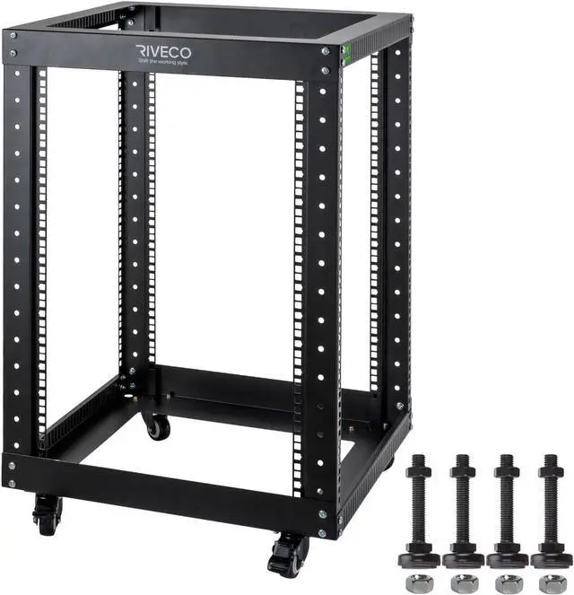 Main image of RIVECO 15U Server Rack Floor Standing Open Frame with Wheels- 19-inch 4 Post Quick Assembly AV Rack Network Heavy Duty Durable Black