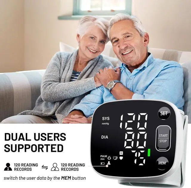 Alt view image 3 of 7 - Oklar Blood Pressure Monitors for Home Use Rechargeable Wrist Digital BP Machine Cuff with LED Backlit Display, Voice Broadcast, 240 Memory Storage for 2 Users with Carrying Case
