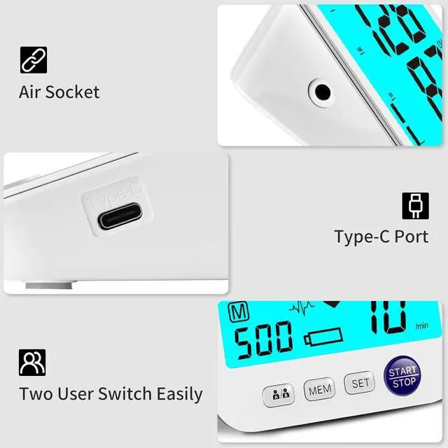 Alt view image 5 of 6 - Blood Pressure Monitor Upper Arm Large LED Backlit Screen 1000 Sets Memory Automatic Digital BP Machine Adjustable BP Cuff 4 Batteries