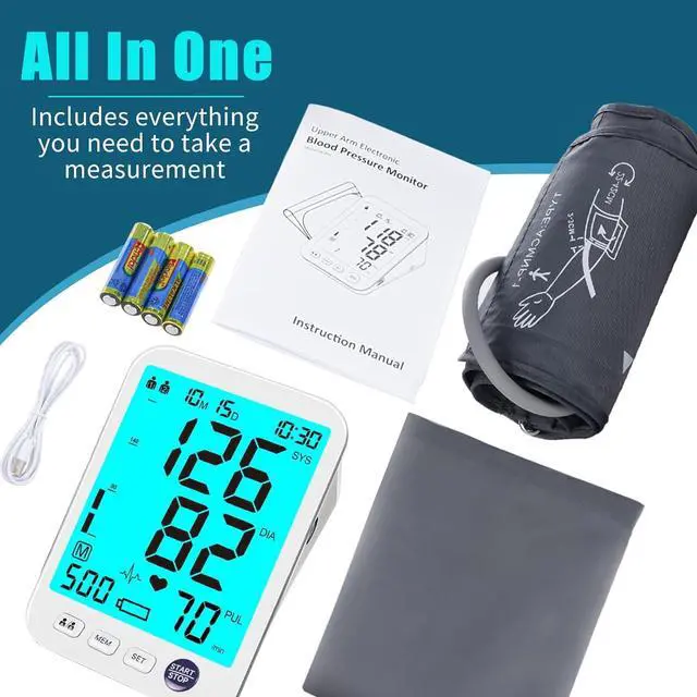 Alt view image 6 of 6 - Blood Pressure Monitor Upper Arm Large LED Backlit Screen 1000 Sets Memory Automatic Digital BP Machine Adjustable BP Cuff 4 Batteries