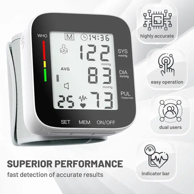Alt view image 2 of 7 - Blood Pressure Monitor Automatic Large LCD Display Adjustable Wrist Cuff Dual 99 Reading Memory Digital Portable Machine for Home Use with Carrying Case