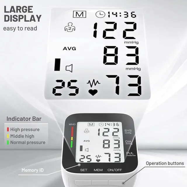 Alt view image 3 of 7 - Blood Pressure Monitor Automatic Large LCD Display Adjustable Wrist Cuff Dual 99 Reading Memory Digital Portable Machine for Home Use with Carrying Case