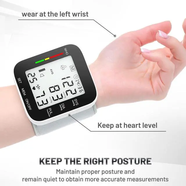 Alt view image 6 of 7 - Blood Pressure Monitor Automatic Large LCD Display Adjustable Wrist Cuff Dual 99 Reading Memory Digital Portable Machine for Home Use with Carrying Case