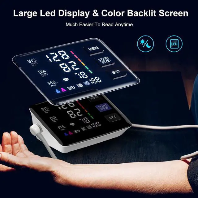 Alt view image 4 of 7 - Blood Pressure Monitor, 9-17'' & 13-21'' Extra Large Blood Pressure Cuff Upper Arm, LED Color Backlit Screen Automatic Digital Blood Pressure Machine with USB Cable and 4 AAA Batteries