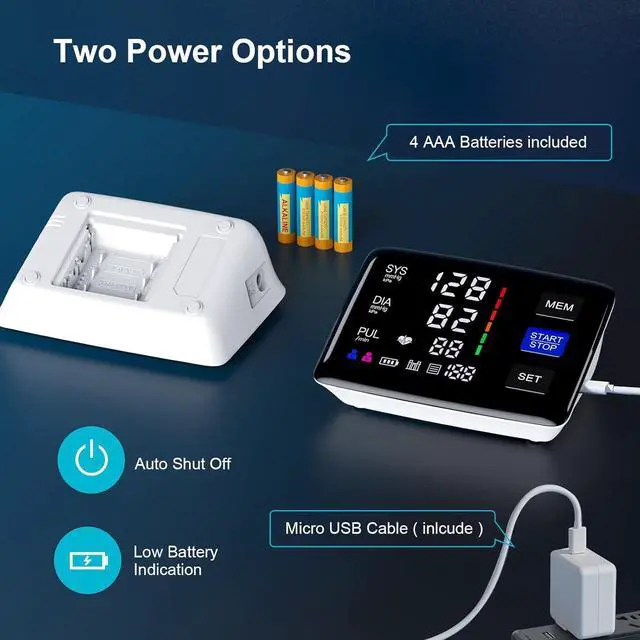 Alt view image 5 of 7 - Blood Pressure Monitor, 9-17'' & 13-21'' Extra Large Blood Pressure Cuff Upper Arm, LED Color Backlit Screen Automatic Digital Blood Pressure Machine with USB Cable and 4 AAA Batteries