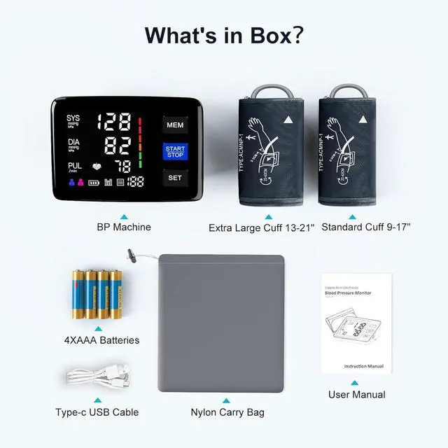 Alt view image 7 of 7 - Blood Pressure Monitor, 9-17'' & 13-21'' Extra Large Blood Pressure Cuff Upper Arm, LED Color Backlit Screen Automatic Digital Blood Pressure Machine with USB Cable and 4 AAA Batteries