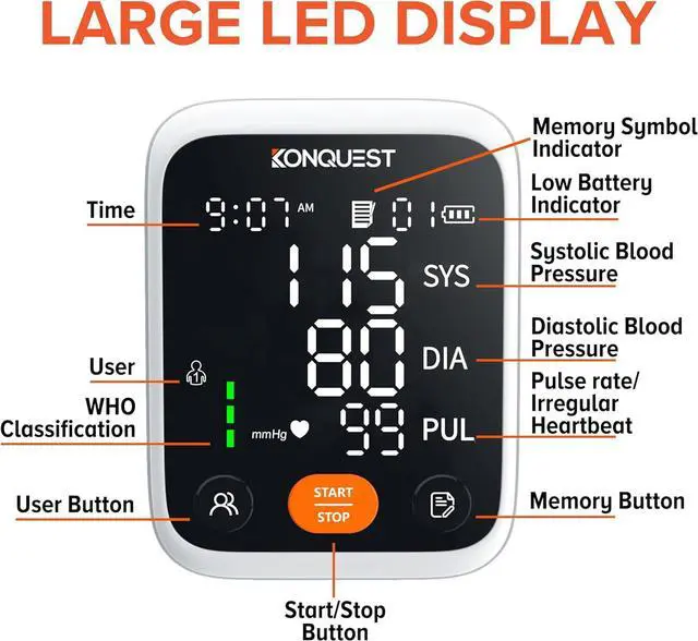 Alt view image 2 of 7 - KONQUEST Blood Pressure Monitors for Home Use Upper Arm, Accurate Cuff 8 ½  - 16 ½ Monitor with Large LED Display, 2 Users 398 Sets Memory & HR Detection, Digital BP Machine with Carrying Case