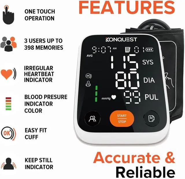 Alt view image 4 of 7 - KONQUEST Blood Pressure Monitors for Home Use Upper Arm, Accurate Cuff 8 ½  - 16 ½ Monitor with Large LED Display, 2 Users 398 Sets Memory & HR Detection, Digital BP Machine with Carrying Case