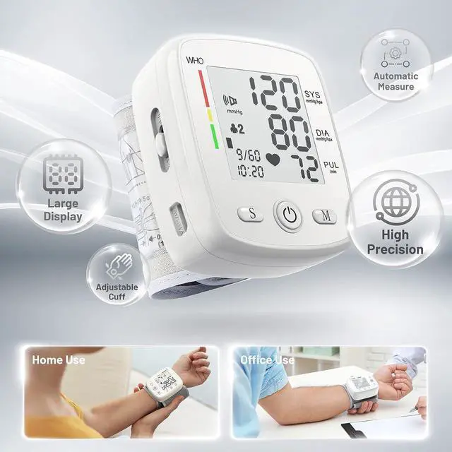 Alt view image 2 of 7 - Blood Pressure Monitor Digital Wrist BP Machine Automatic BP Cuff with 2 Users 180 Memory Voice Large LCD Display Adjustable Cuff USB Charging Carrying Case