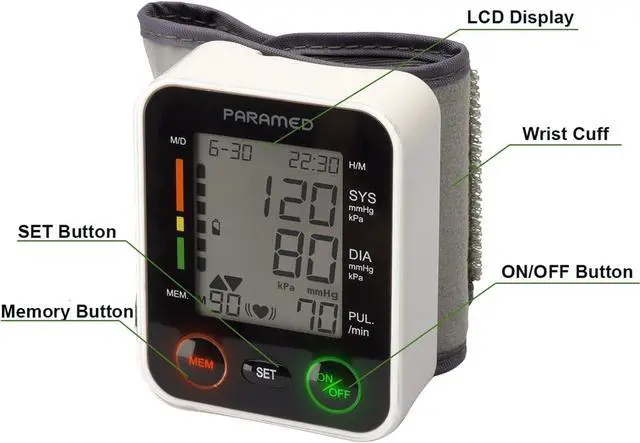 Alt view image 6 of 7 - PARAMED Automatic Wrist Blood Pressure Monitor: Blood-Pressure Kit of Bp Cuff + 2AAA and Carrying case - Irregular Heartbeat Detector & 90 Readings Memory Function & Large Display