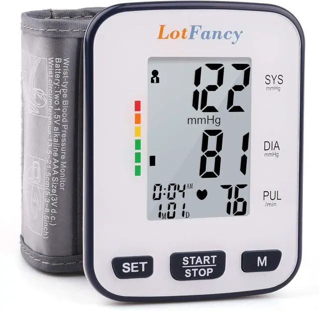 Main image of LotFancy Wrist Blood Pressure Monitor for Home Use, Blood Pressure Machine Adjustable Wrist Cuff (5.3-8.5) Digital BP Machine with Large LCD Display, 120 Memory with Carrying Case