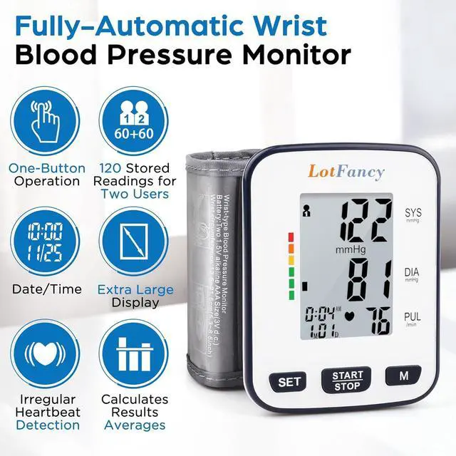 Alt view image 2 of 7 - LotFancy Wrist Blood Pressure Monitor for Home Use, Blood Pressure Machine Adjustable Wrist Cuff (5.3-8.5) Digital BP Machine with Large LCD Display, 120 Memory with Carrying Case