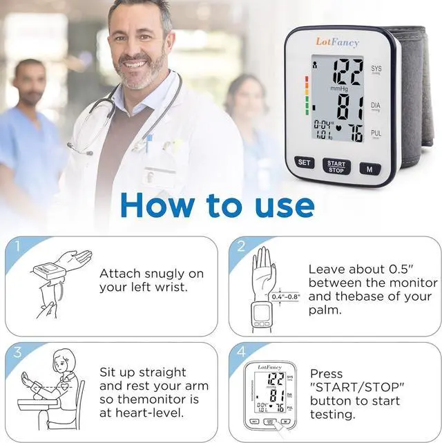 Alt view image 3 of 7 - LotFancy Wrist Blood Pressure Monitor for Home Use, Blood Pressure Machine Adjustable Wrist Cuff (5.3-8.5) Digital BP Machine with Large LCD Display, 120 Memory with Carrying Case