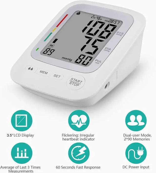 Alt view image 3 of 6 - Electronic Blood Pressure Monitor, Upper Arm Automatic Digital BP Monitor Large Cuff, 2 Users 180 Memory Large Display, Irregular Heart Rate Indication, with DC Adapter for Home Use