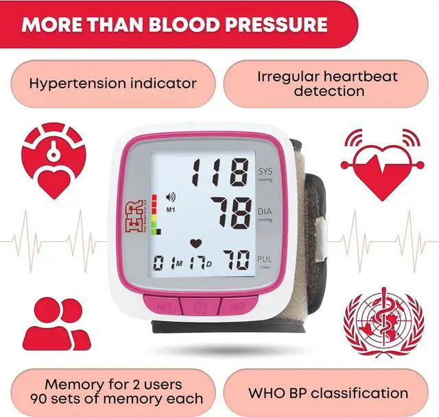 Alt view image 3 of 7 - Ever Ready First Aid Fully Automatic Blood Pressure Wrist Cuff Watch Wearable Monitor for Home Use - Pink- Batteries Included