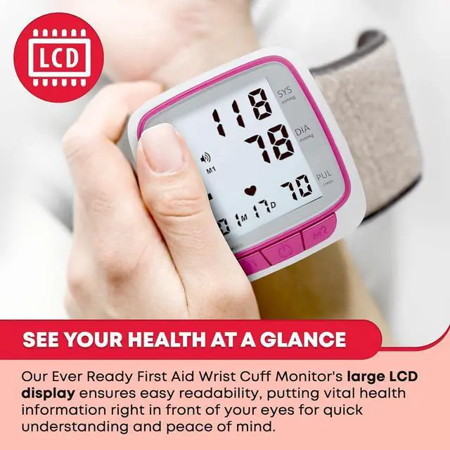 Alt view image 4 of 7 - Ever Ready First Aid Fully Automatic Blood Pressure Wrist Cuff Watch Wearable Monitor for Home Use - Pink- Batteries Included