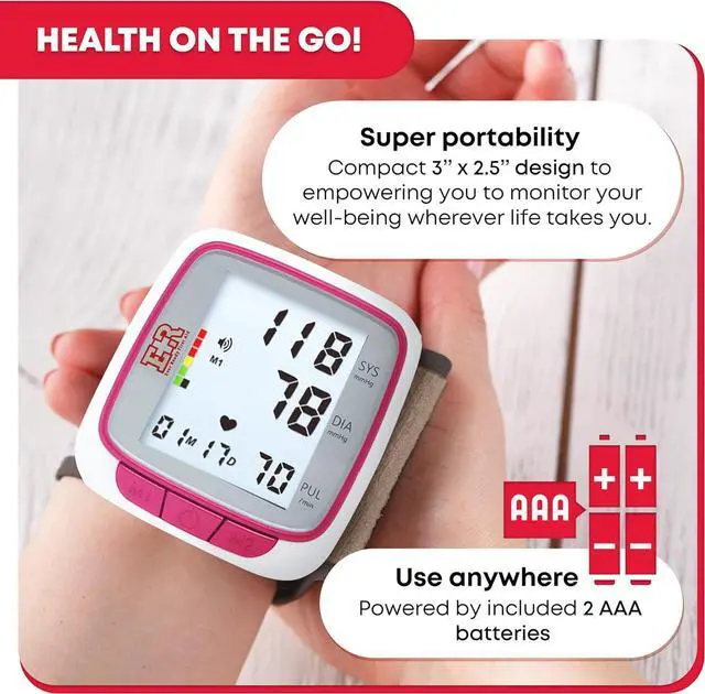 Alt view image 6 of 7 - Ever Ready First Aid Fully Automatic Blood Pressure Wrist Cuff Watch Wearable Monitor for Home Use - Pink- Batteries Included